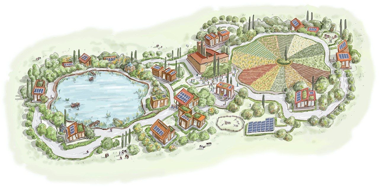 Illustrierte Vogelperspektive eines Arts Village — See, Höfe mit Solardächern, radiale Felder, Wege und Bäume