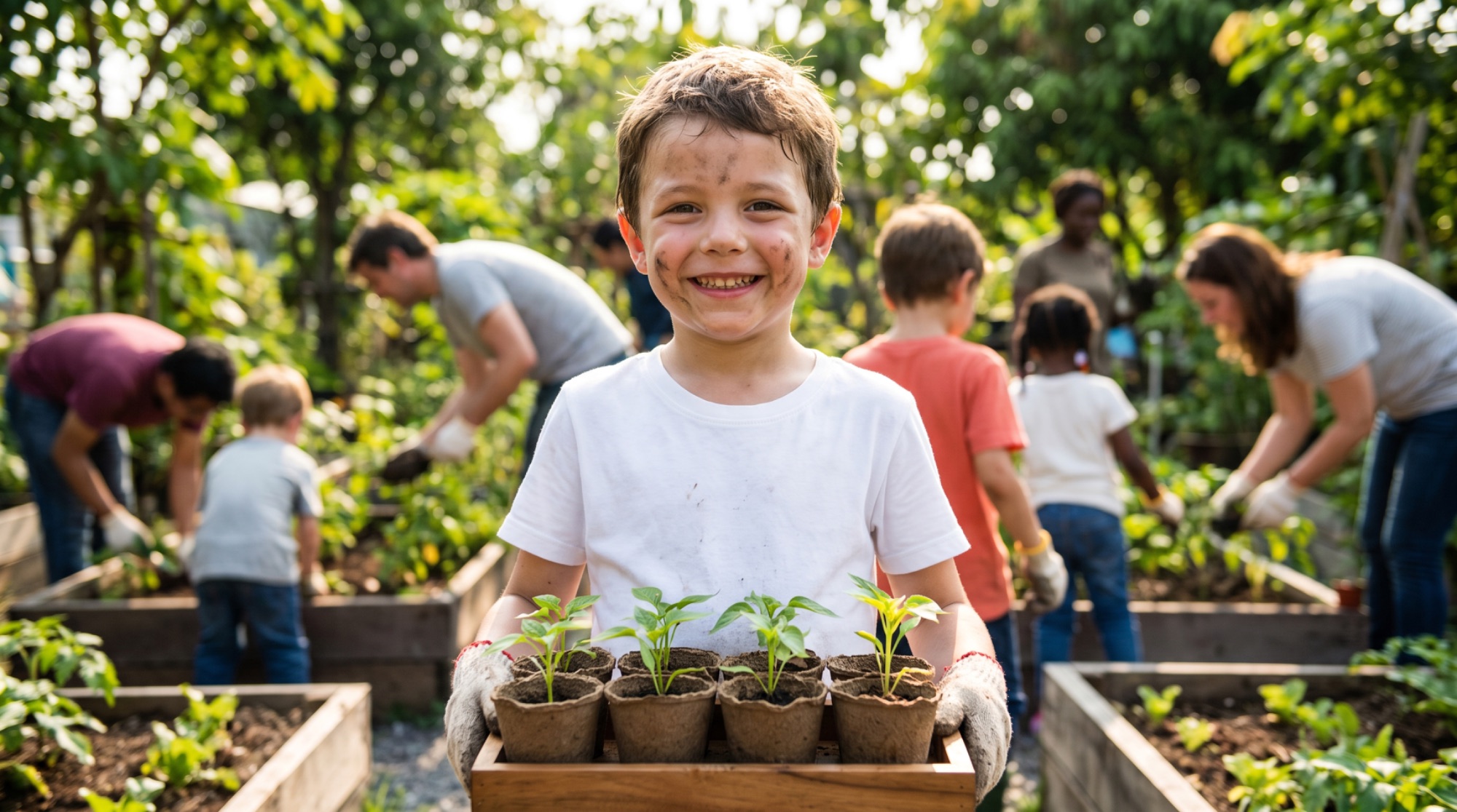 Junge traegt eine Kiste mit Setzlingen im Gemeinschaftsgarten