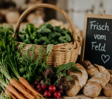 Korb mit frischer Ernte und Brot