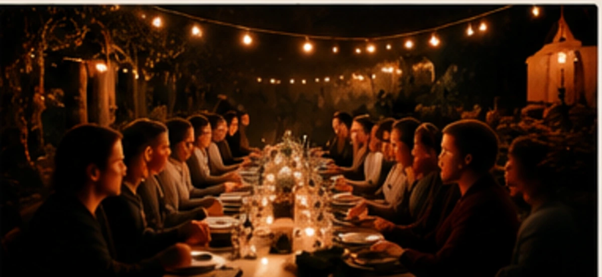 Lange Tafel mit Lichterketten am Abend