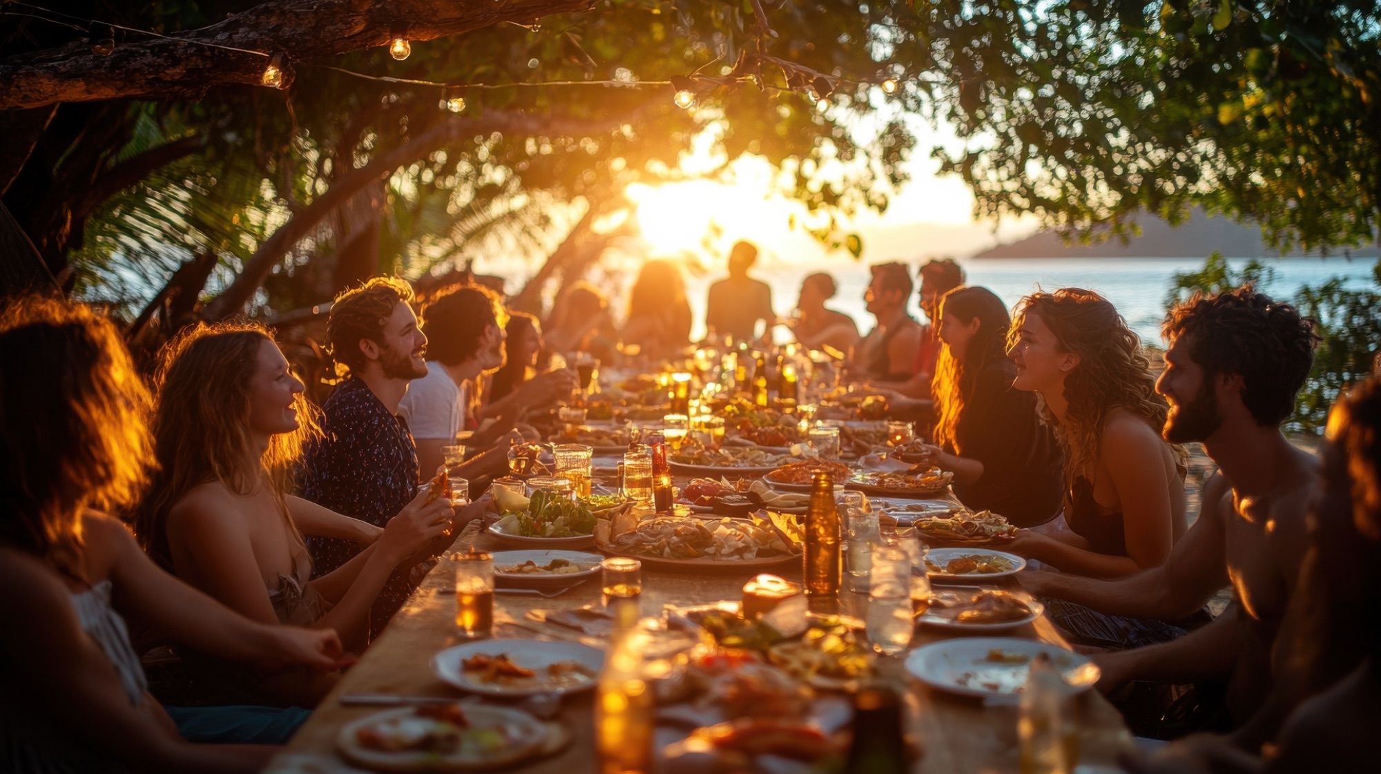 Lange gedeckte Tafel im Freien bei Sonnenuntergang