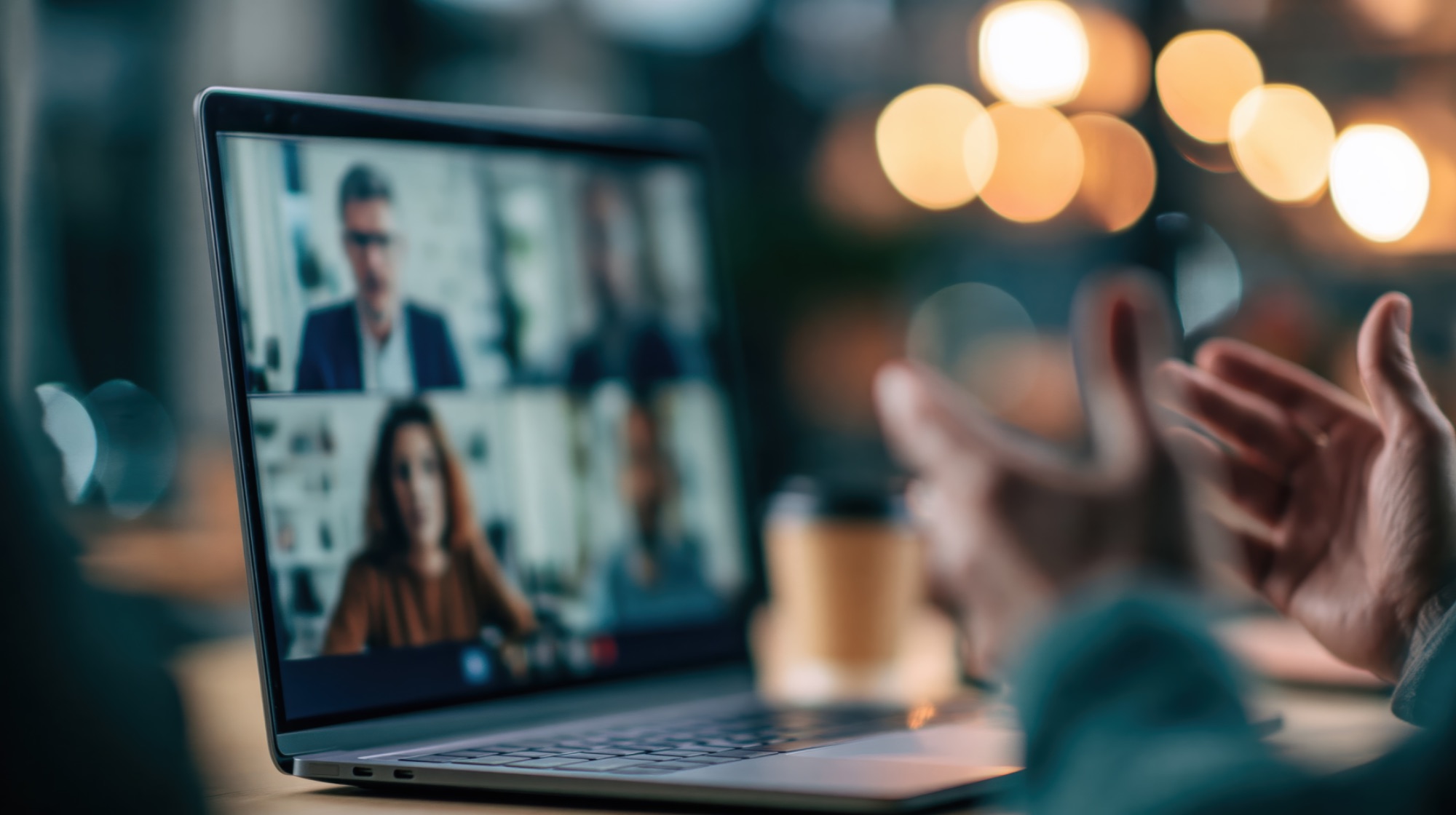 Laptop mit Videogespraech, mehrere verbundene Menschen